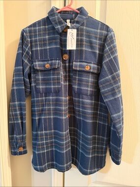NY Collection Blue Plaid Button-Down Shirt Jacket